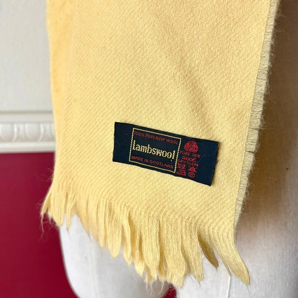 Vintage Lambswool Scotland 100% Pure New Wool Scarf Butter Yellow Fringe Classic